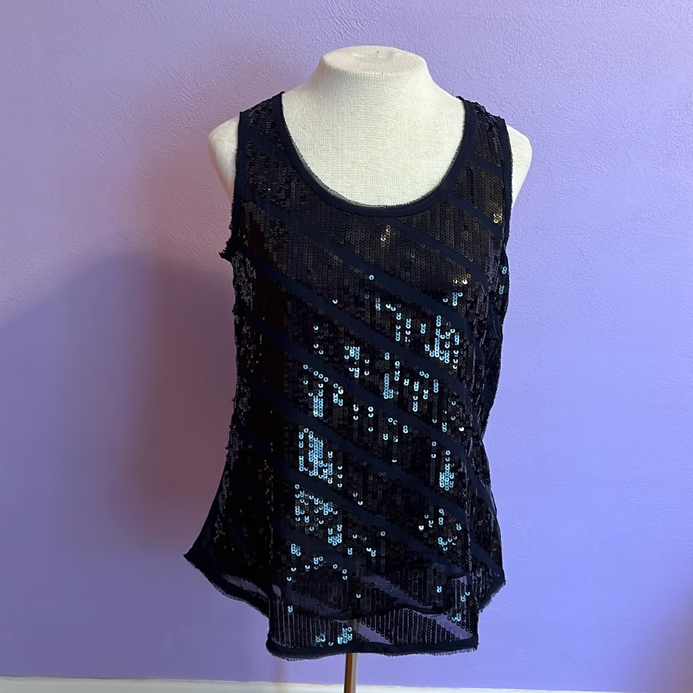 LOFT diagonal striped sequins sleeveless navy tank top Petite Medium